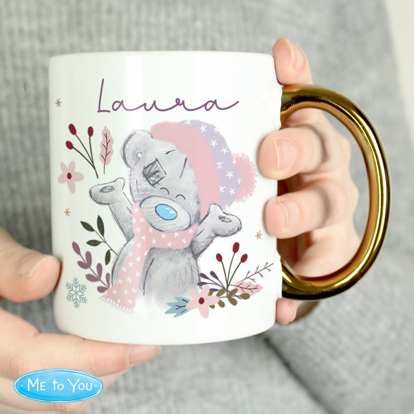 Personalised Me to You Cosy Winter with Gold Handled Mug