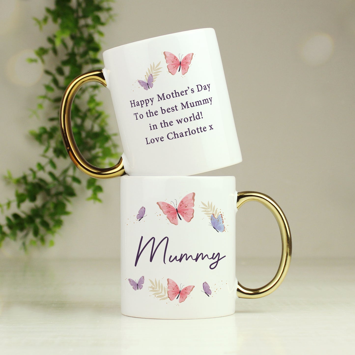 Personalised Butterfly Gold Handle Mug