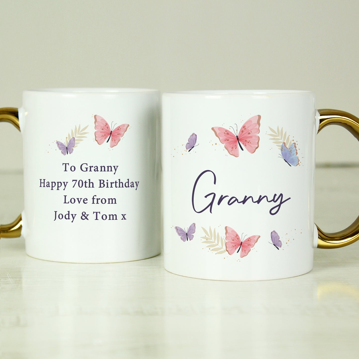 Personalised Butterfly Gold Handle Mug