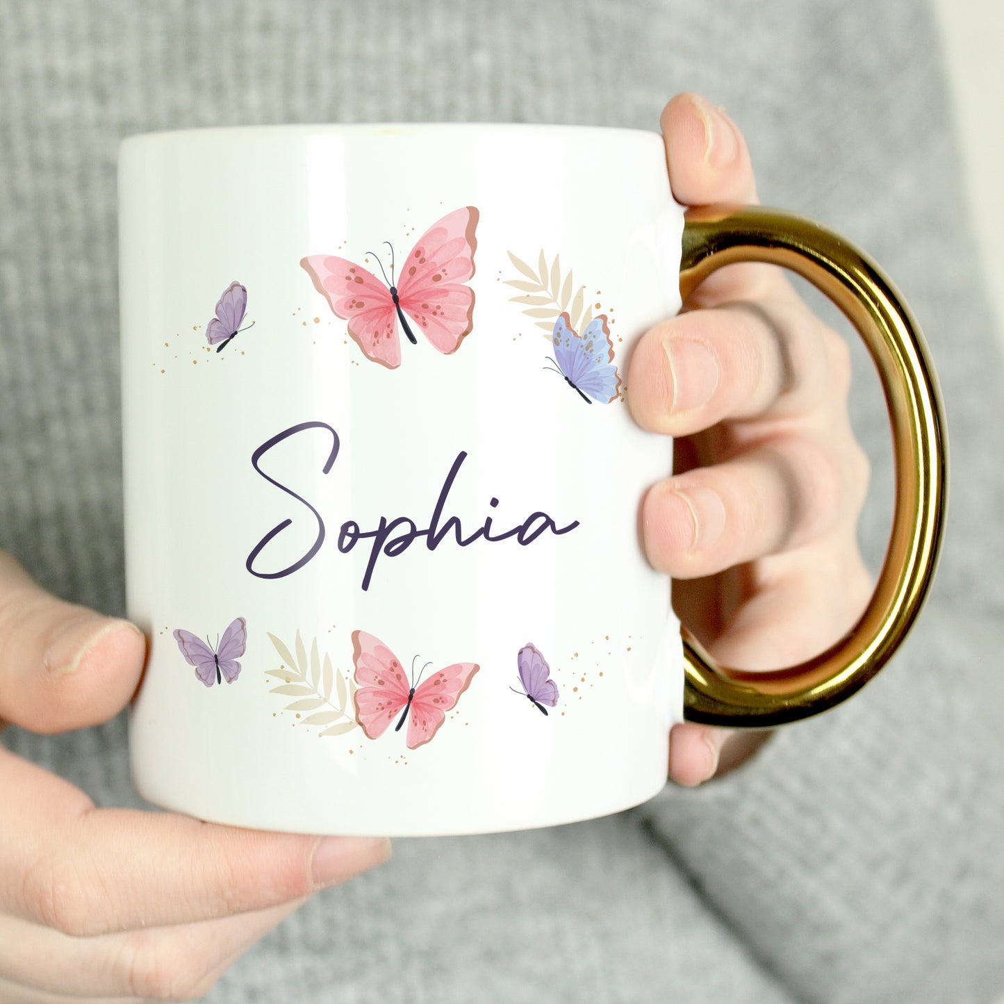 Personalised Butterfly Gold Handle Mug