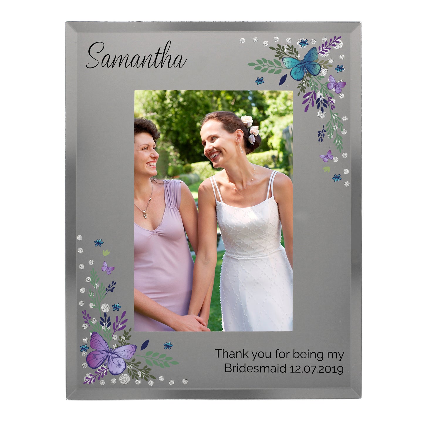 Personalised Butterfly Diamante Glass Photo Frame (Size:4x6) - Any Occasion