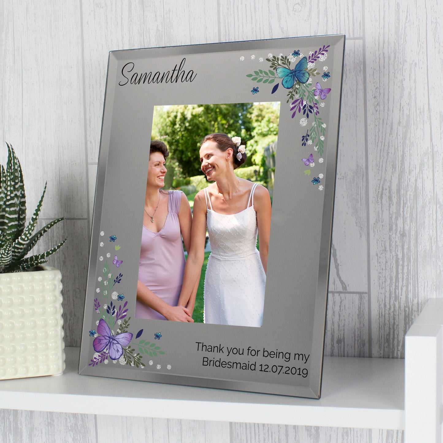 Personalised Butterfly Diamante Glass Photo Frame (Size:4x6) - Any Occasion