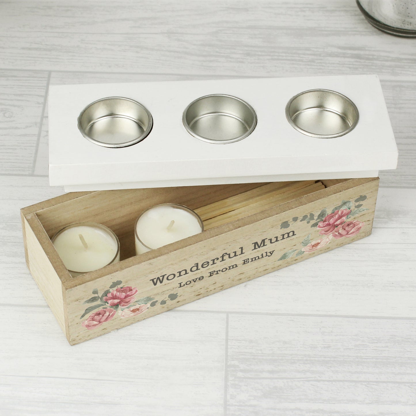 Personalised Floral Watercolour Triple Tea Light Box