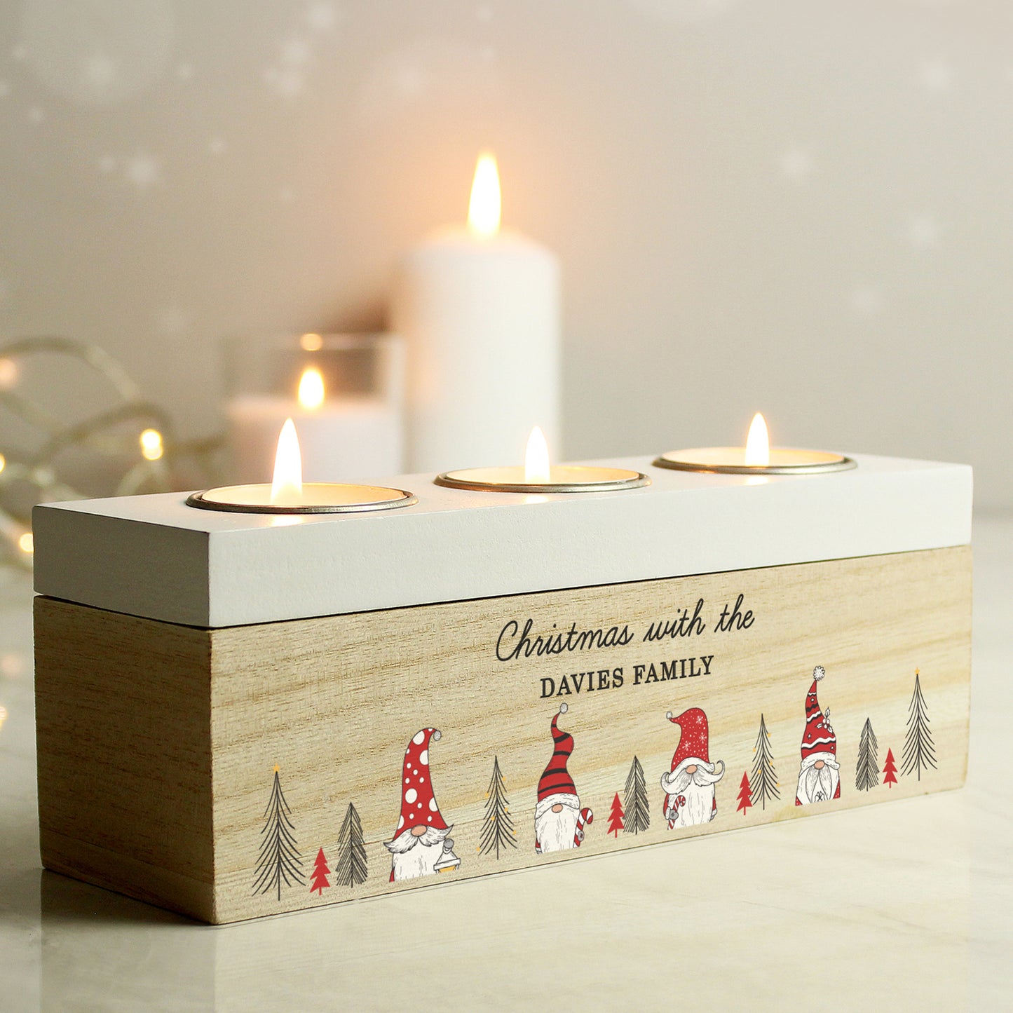 Personalised Christmas Forrest Gonk Triple Light Tea Light Decoration