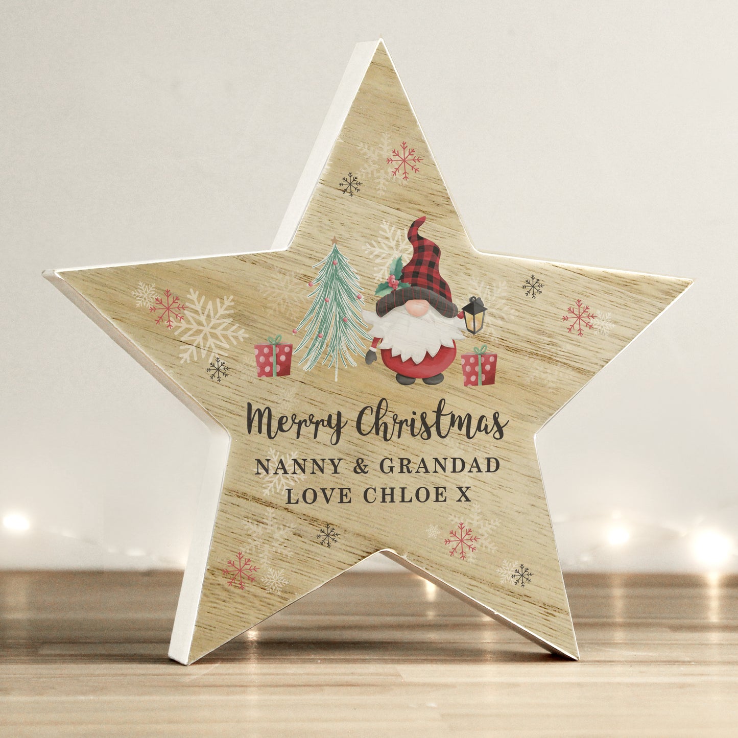 Personalised Christmas Gonk Wooden Star Ornament