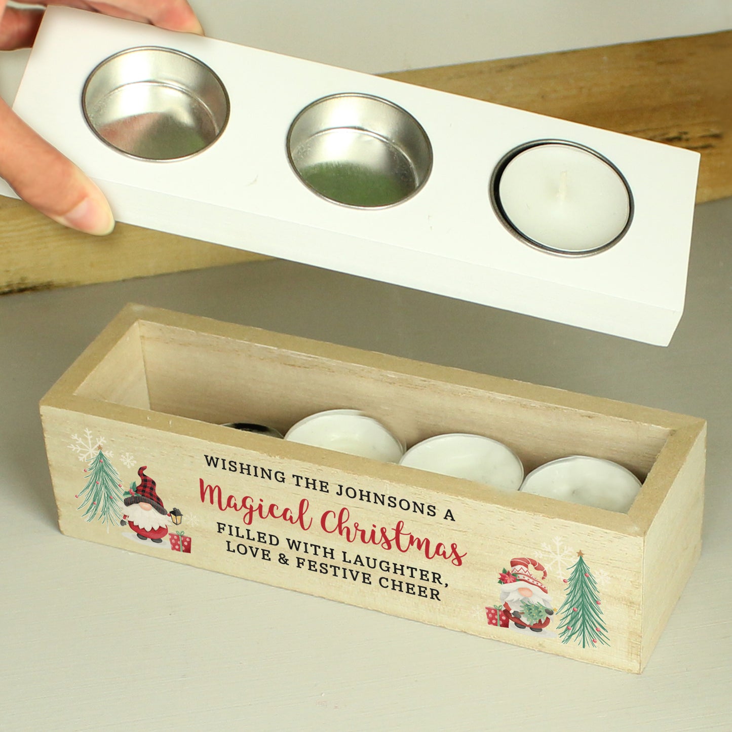 Personalised Christmas Gonk Triple Light Tea Light Decoration