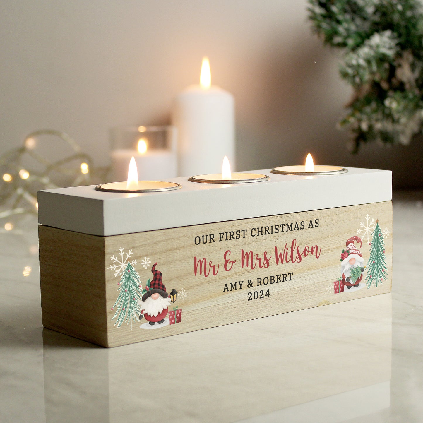 Personalised Christmas Gonk Triple Light Tea Light Decoration
