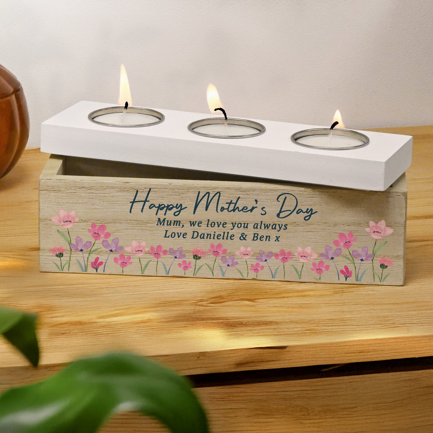 Personalised Floral (Pastel Flowers) Triple Tea Light Box