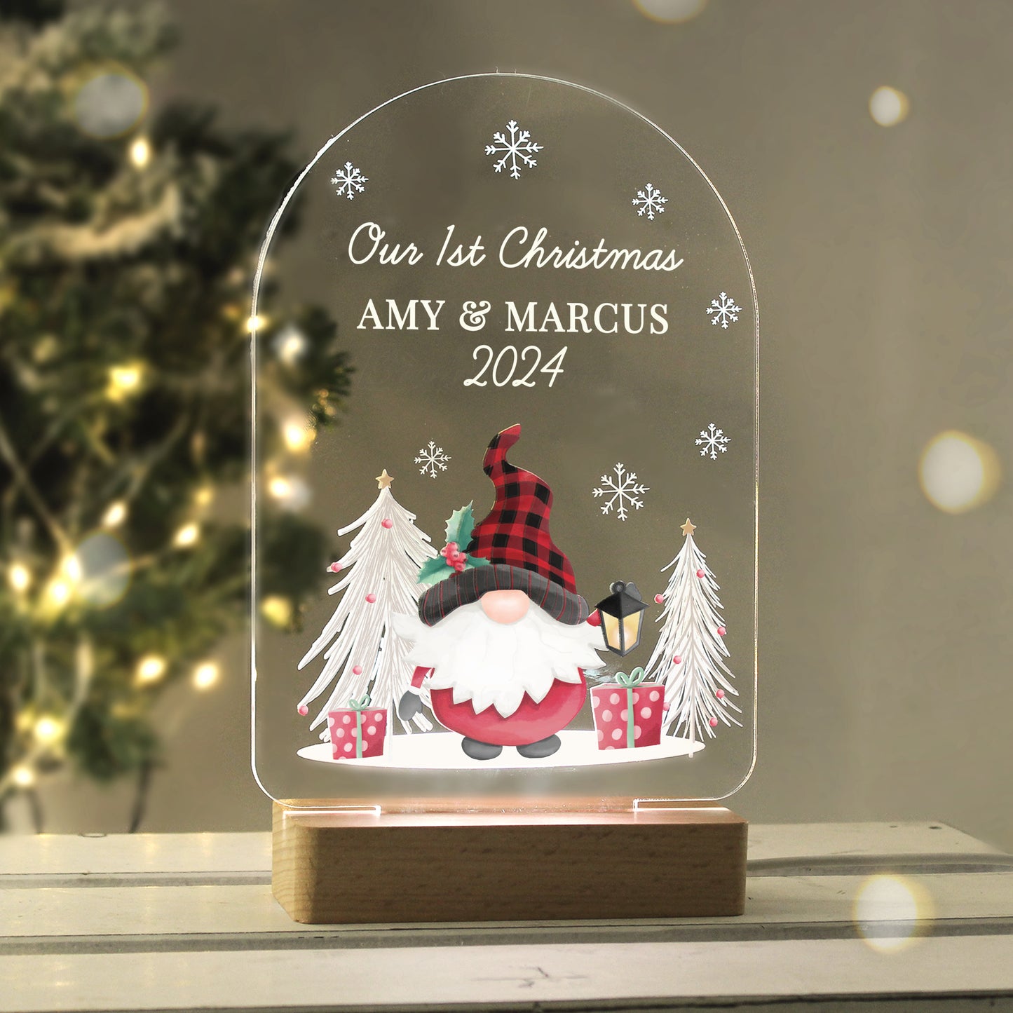 Personalised Gonk LED Christmas Light with Wooden Base