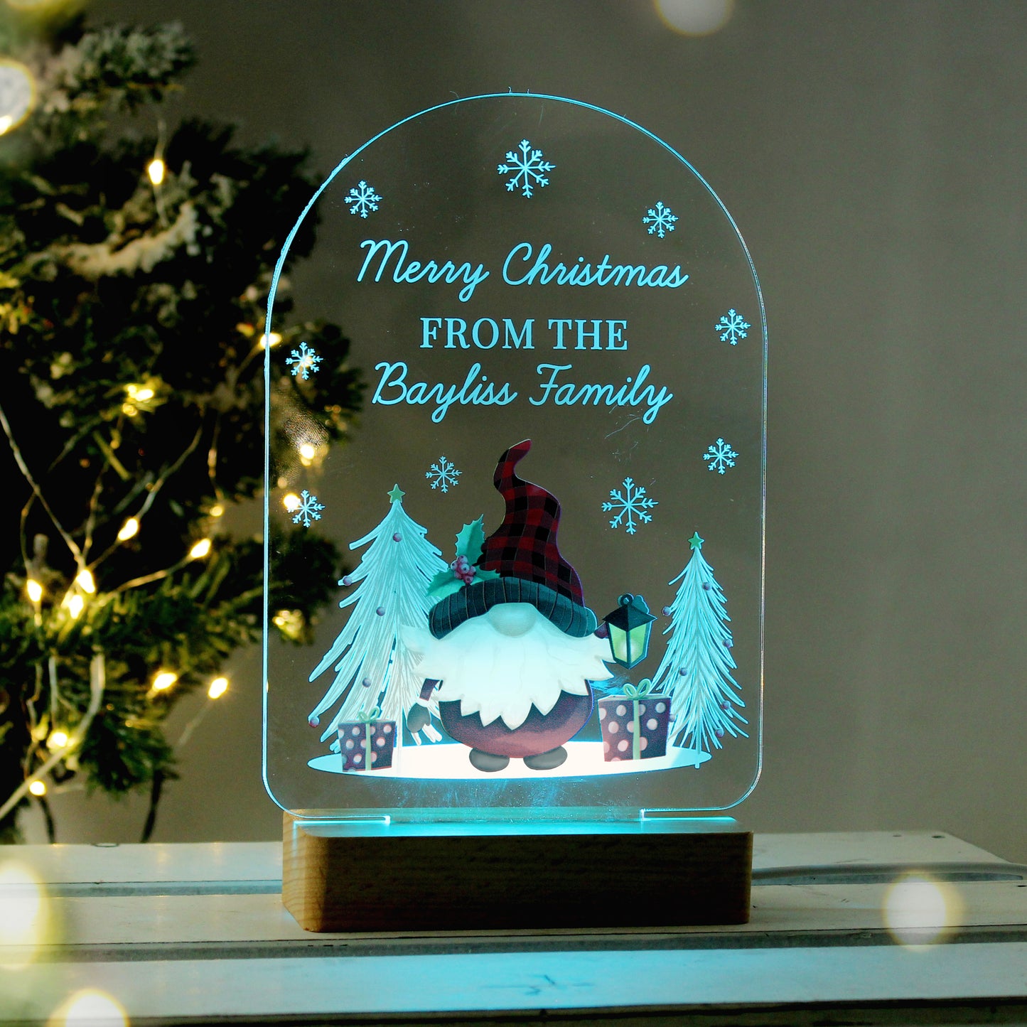 Personalised Gonk LED Christmas Light with Wooden Base