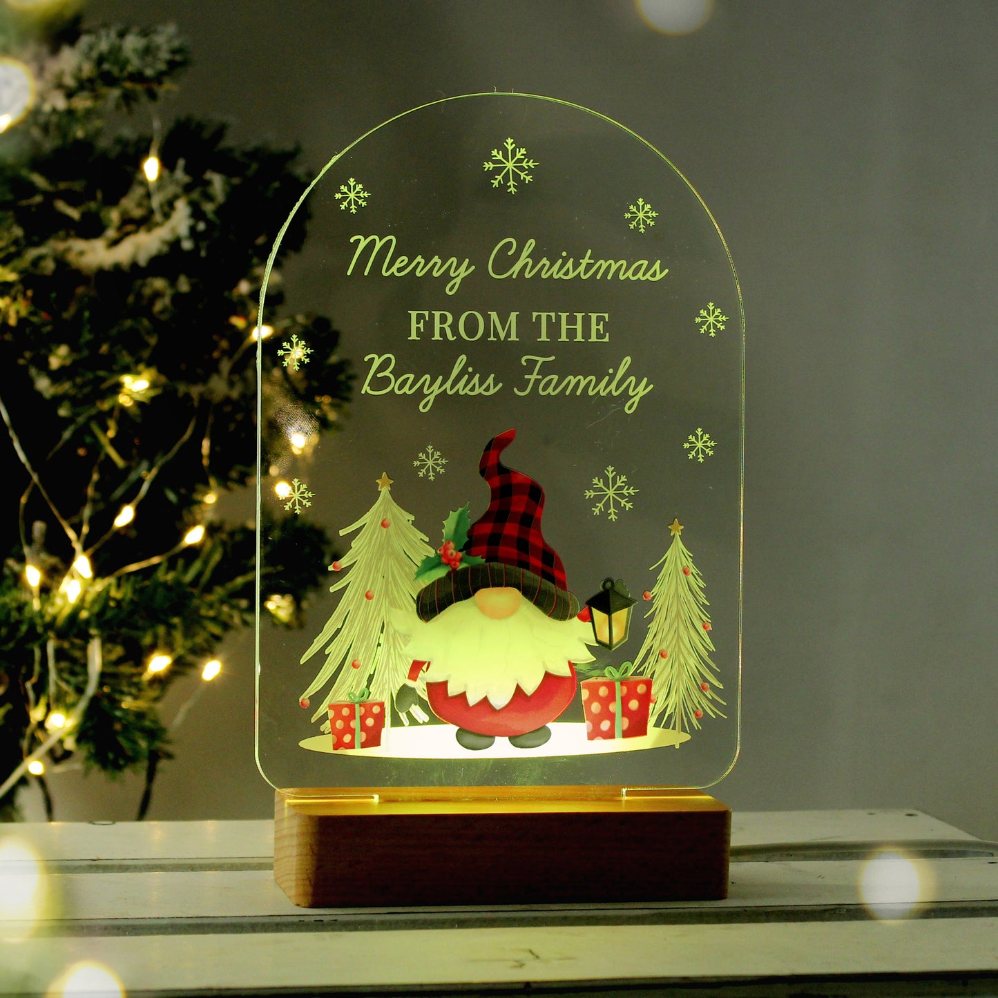 Personalised Gonk LED Christmas Light with Wooden Base