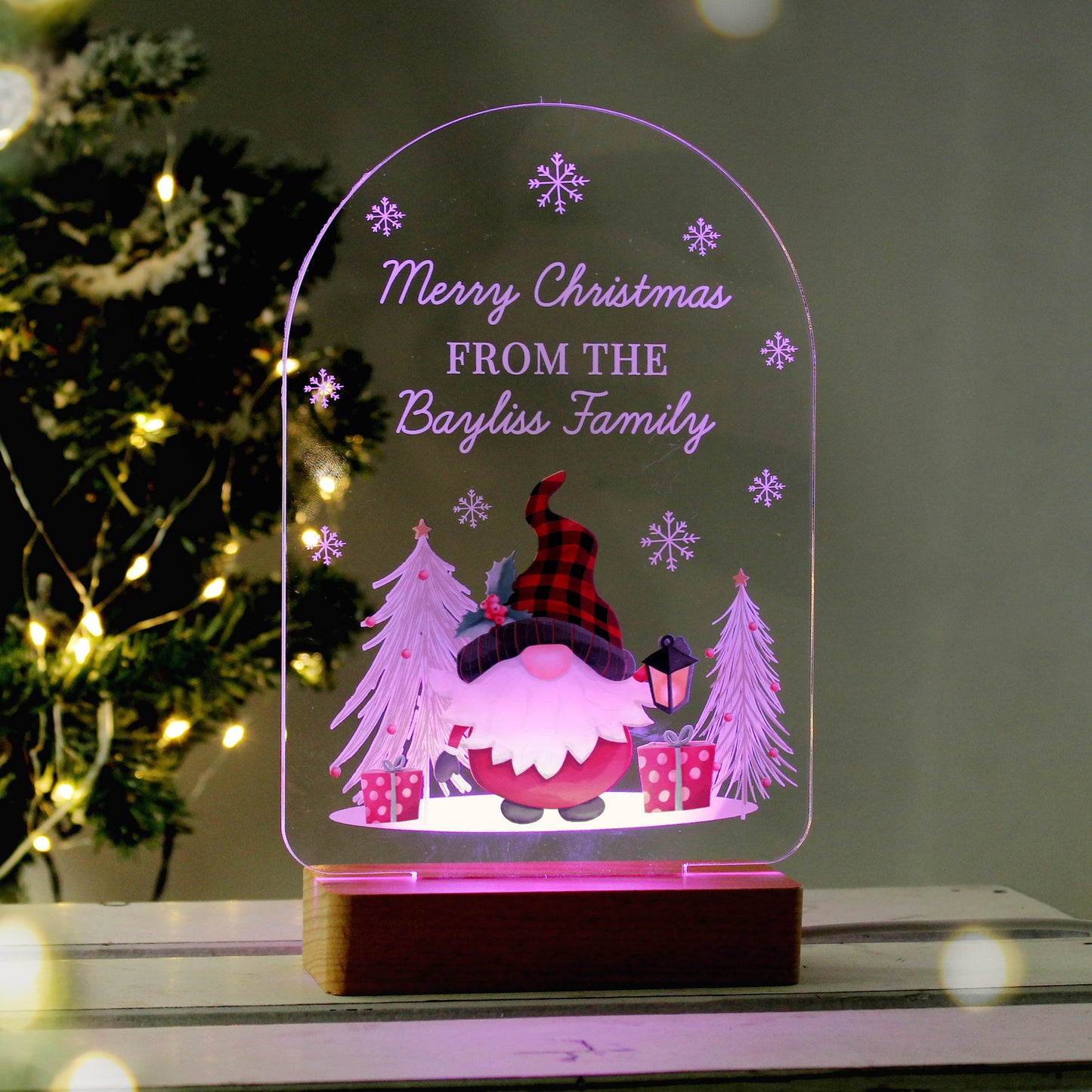 Personalised Gonk LED Christmas Light with Wooden Base