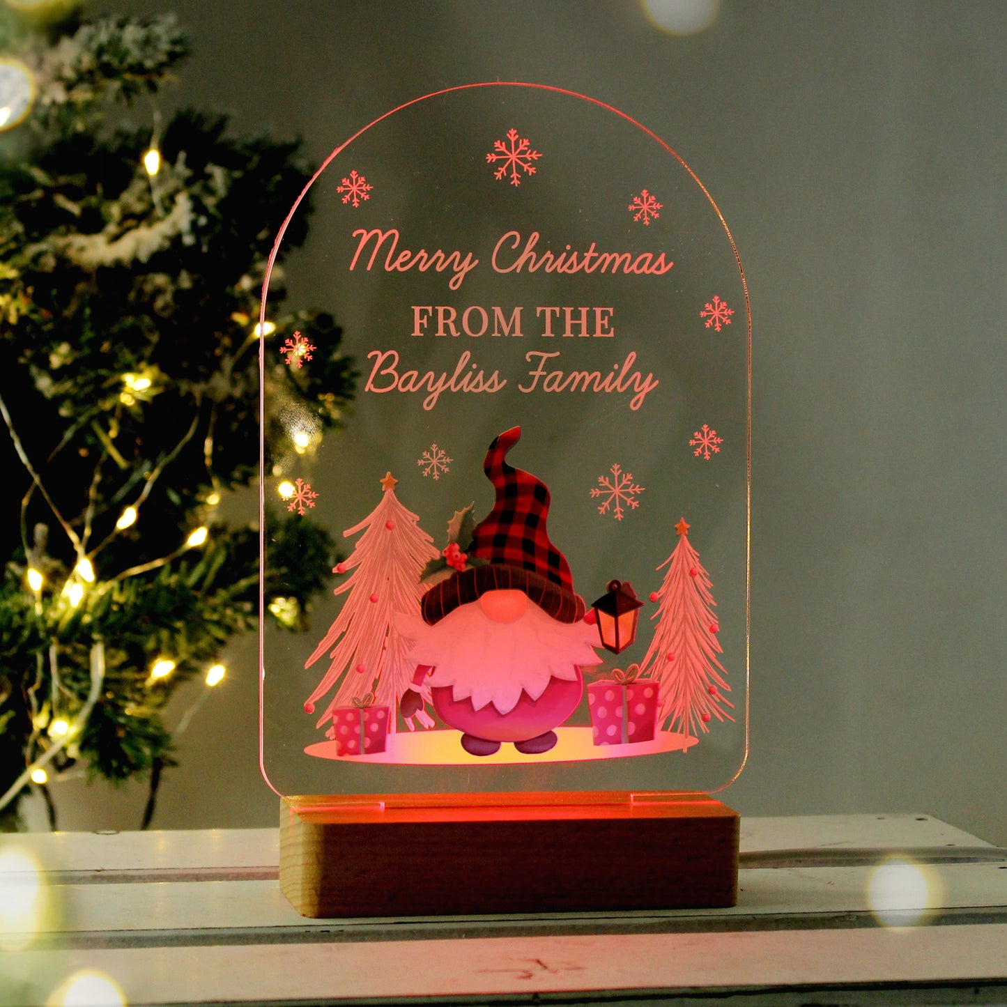 Personalised Gonk LED Christmas Light with Wooden Base
