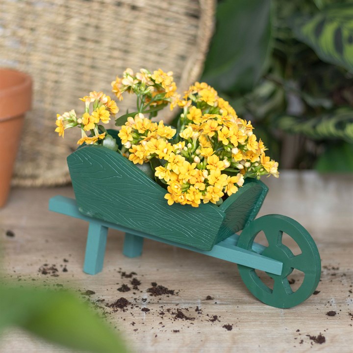 Green Resin Small Wheelbarrow Planter