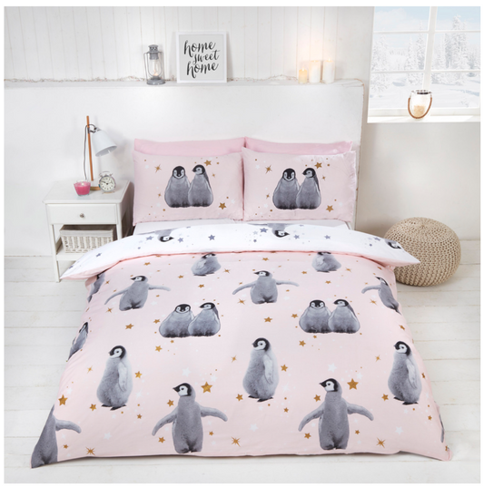 Starry Penguins (Pink) Duvet Cover Set - Single, Double & King Available