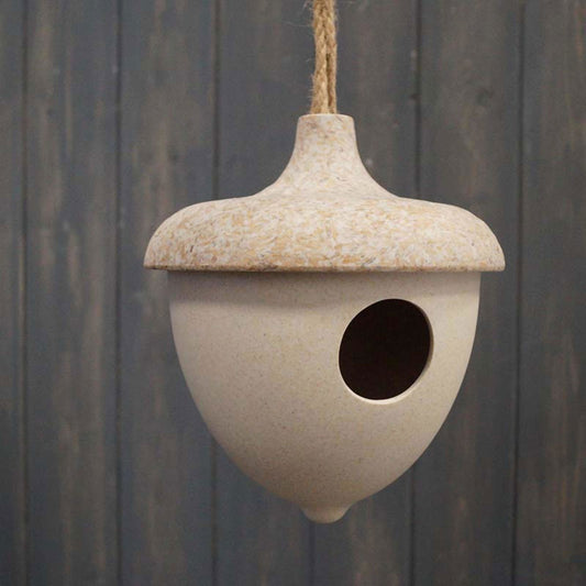 Earthy Oatmeal Chaff/Natural Bamboo Hanging Acorn Birdhouse - 18.7cm