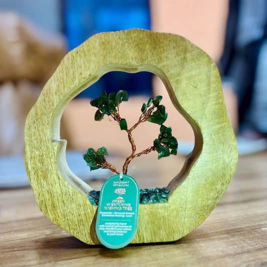 Green Aventurine Gemstone Tree Garden in a Mango Wood Ring - 60 chipstones