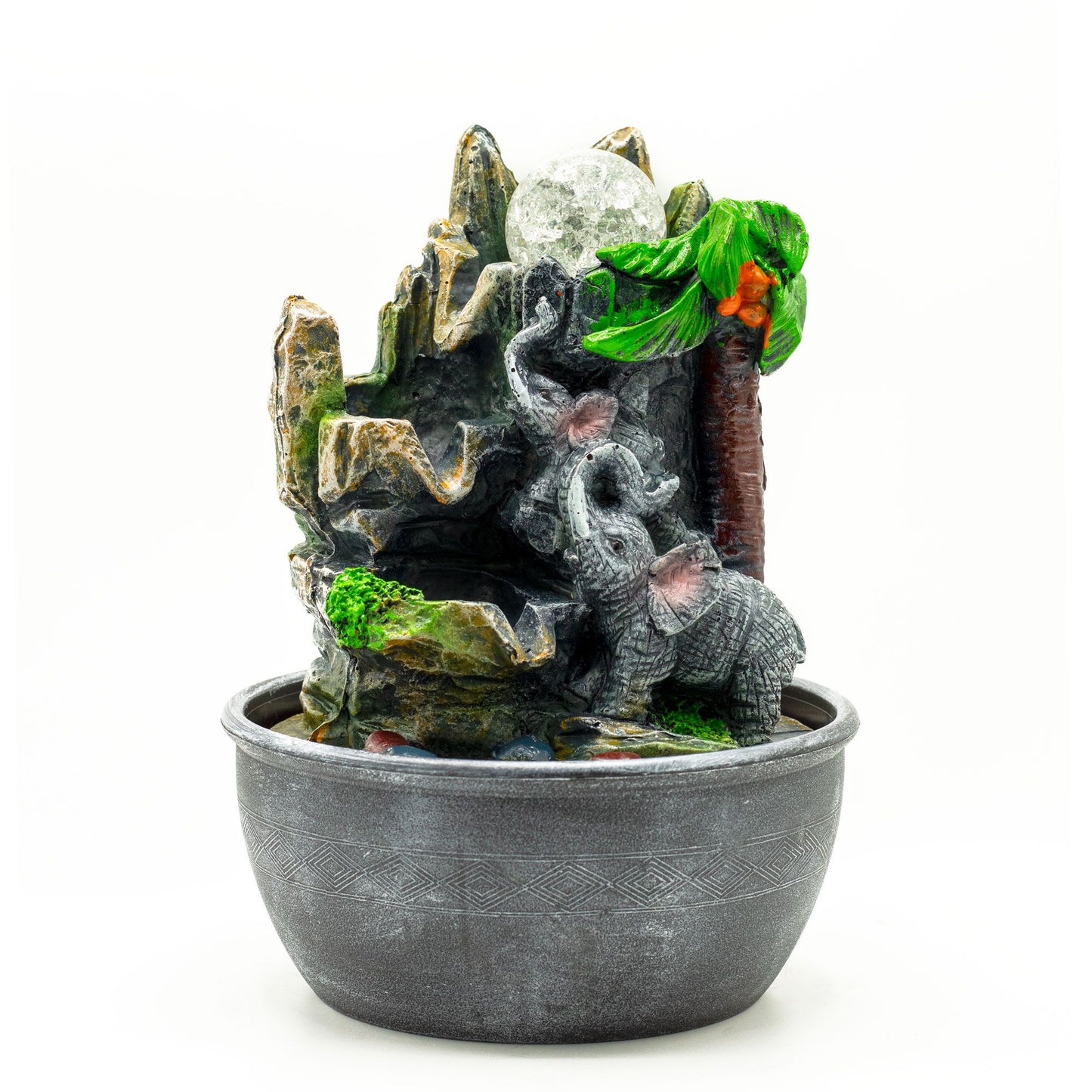 Tabletop Water Feature - Elephants & Palm Tree (25cm)