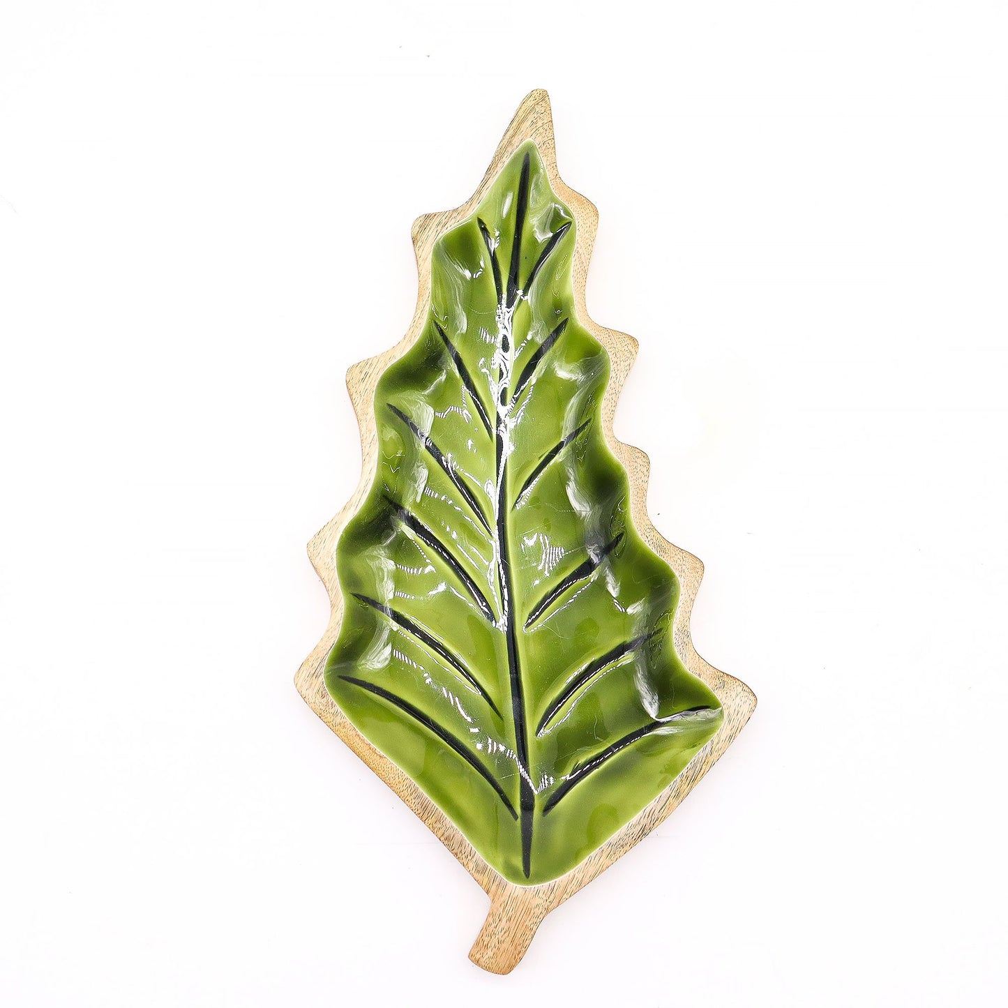 Nordic Christmas / Woodland -  Enamel Leaf Wooden Bowl - 33x17cm