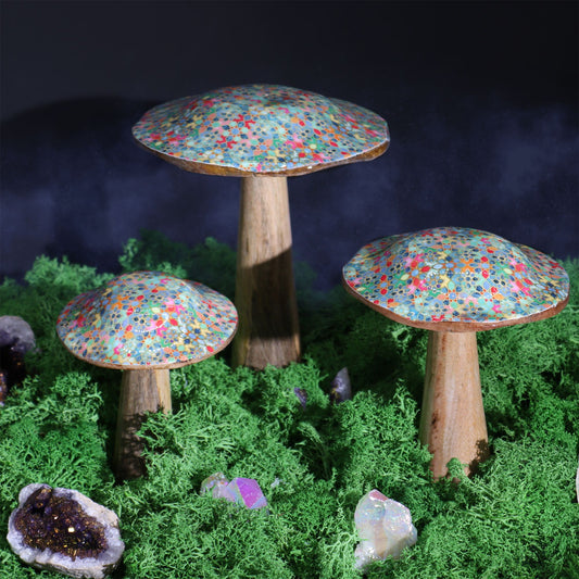 Large Wooden Enamelled Mushroom Decoration - Mediterranean Tile Pattern