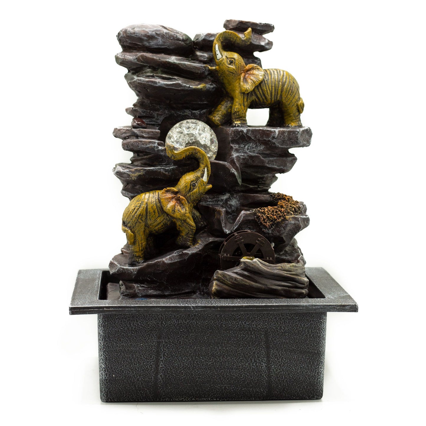 Tabletop Water Feature - Elephants, Crystal Ball & Water Wheel (35cm)