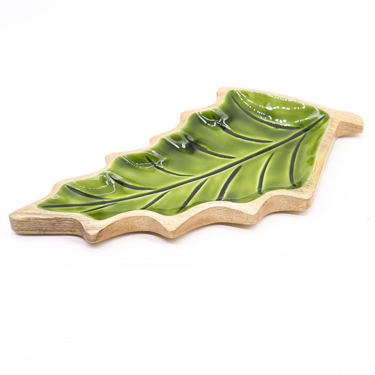 Nordic Christmas / Woodland -  Enamel Leaf Wooden Bowl - 33x17cm