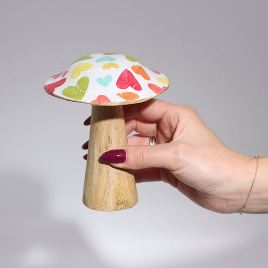 Small Wooden Enamelled Mushroom Decoration - Pastel Hearts