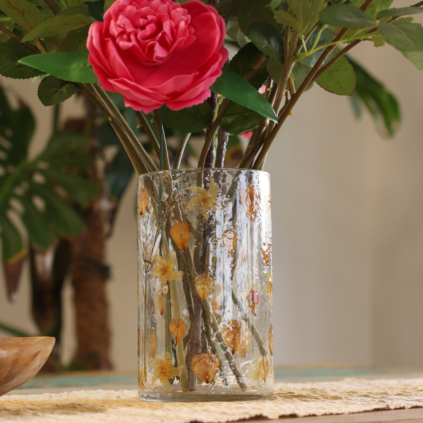 Natural Floral Glass - Tall Vase and/or Candle Holder: Rose