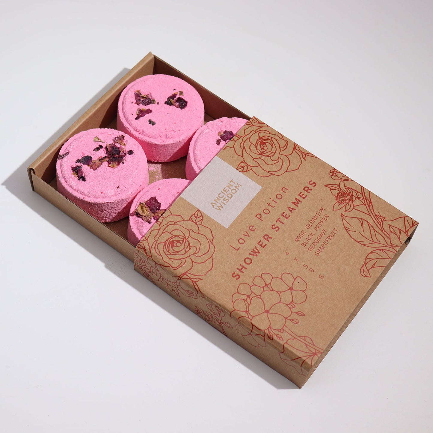 4 x Zen Shower Steamers - Love Potion (Rose geranium, Black Pepper, Bergamot and Grapefruit)