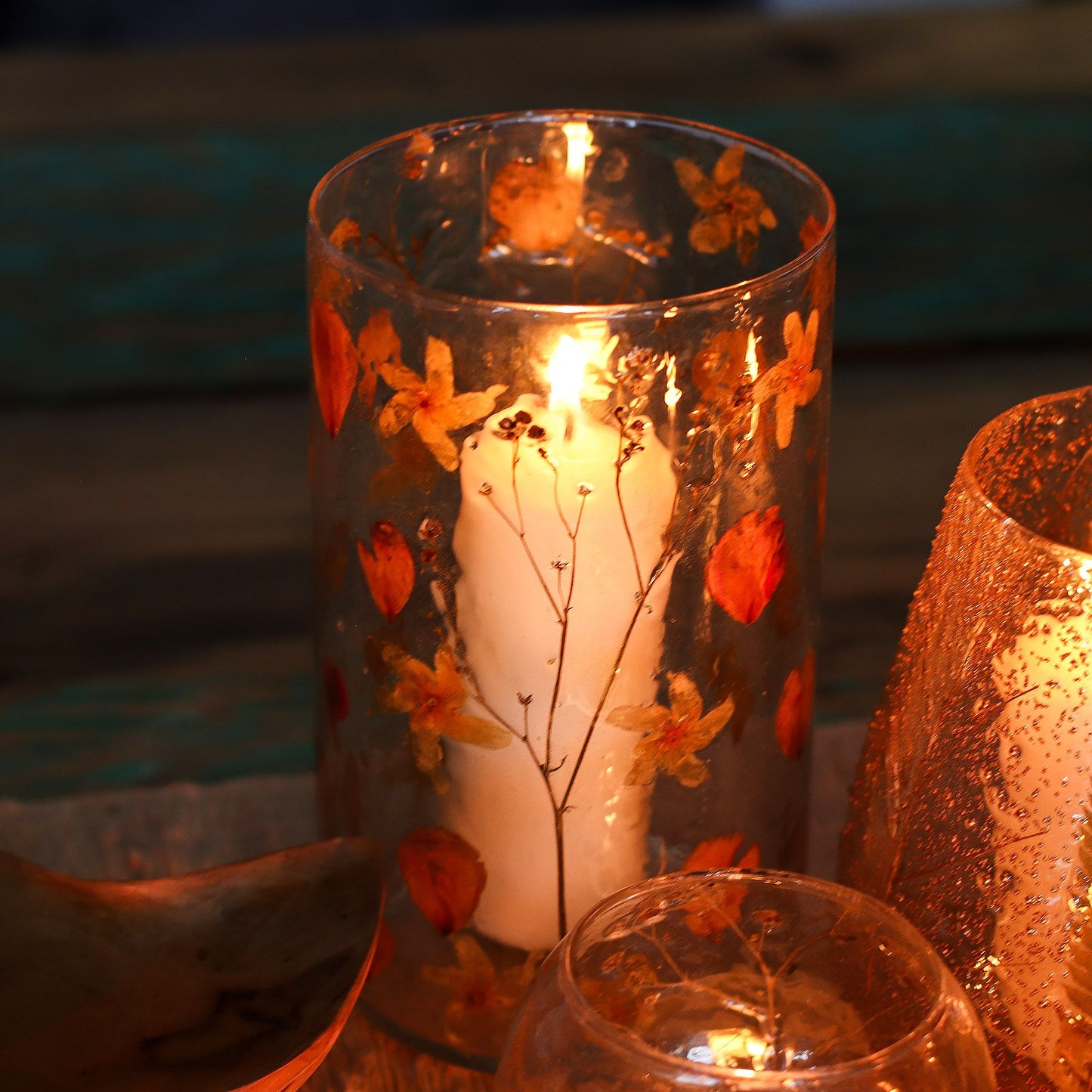 Natural Floral Glass - Tall Vase and/or Candle Holder: Rose