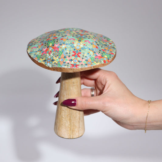 Medium Wooden Enamelled Mushroom Decoration- Pretty Floral