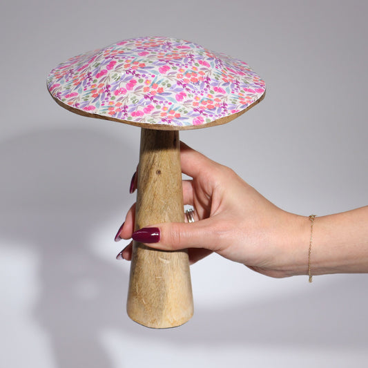 Large Wooden Enamelled Mushroom Decoration - Mediterranean Tile Pattern