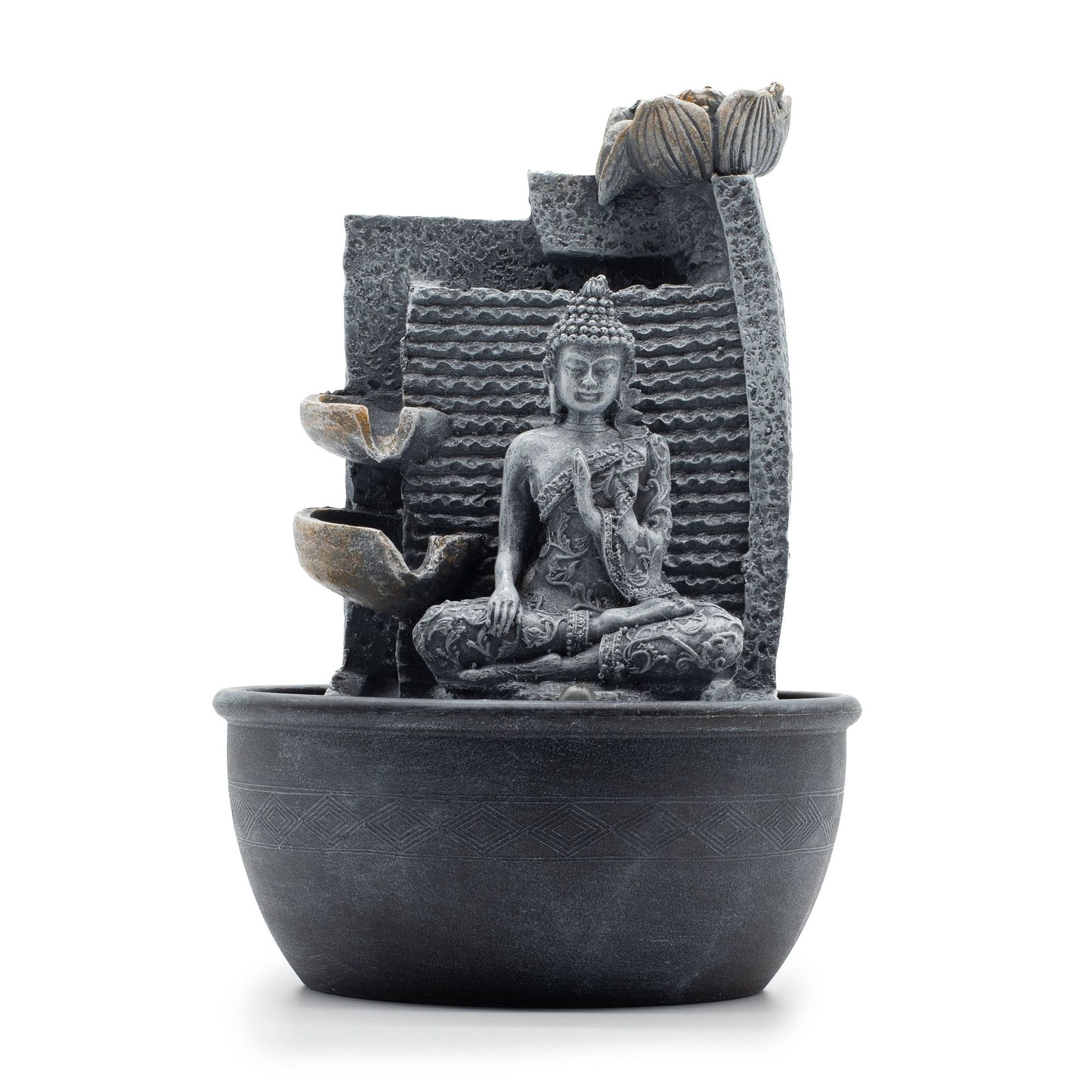 Tabletop Water Feature - Buddha, Lotus Flower Cascading Pots (28cm)