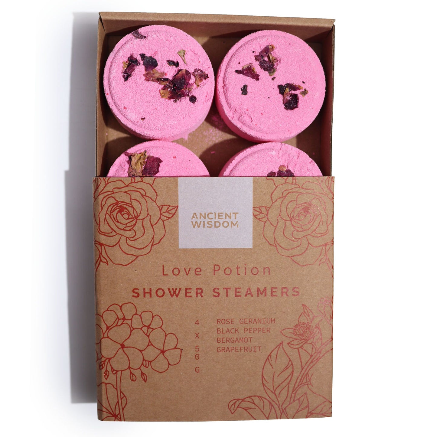 4 x Zen Shower Steamers - Love Potion (Rose geranium, Black Pepper, Bergamot and Grapefruit)