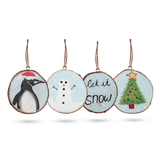 Set of 4 'Let it Snow' Hand Painted Log Christmas Baubles
