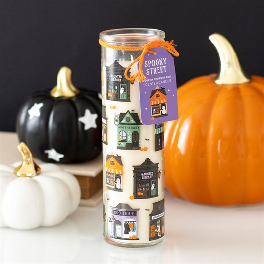 Spooky Street Halloween Pumpkin Cinnamon Roll Tube Candle