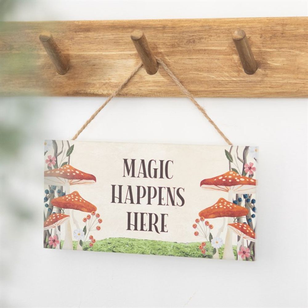 'Magic Happens Here' Enchanted Mushroom Hanging Sign