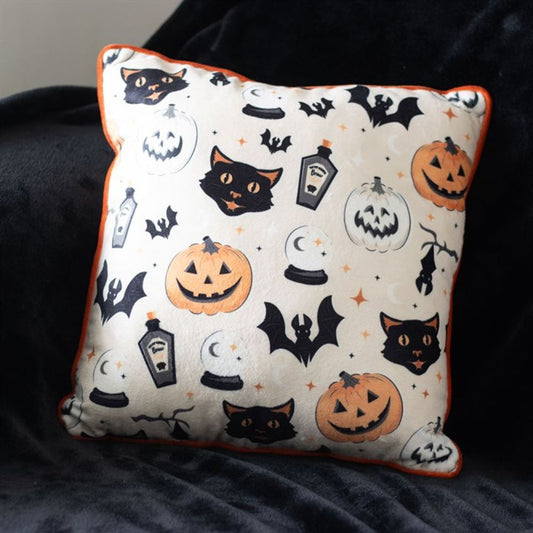 Square Spooky Cat and Pumpkin Print Cushion (35cm)