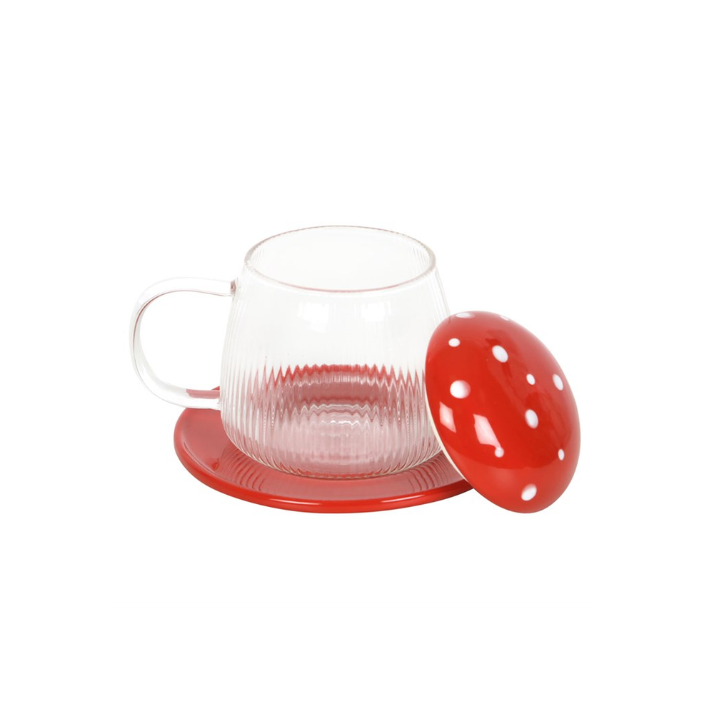 Glass Mushroom Mug and Saucer - Red