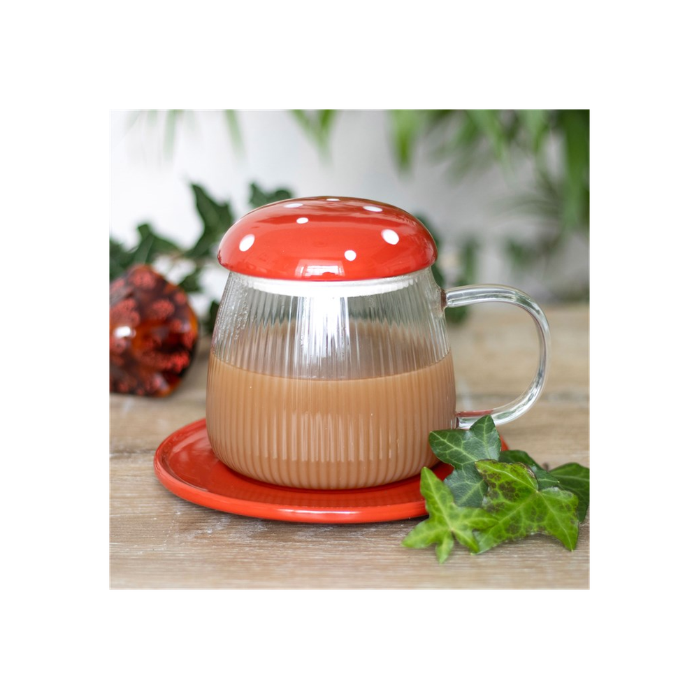 Glass Mushroom Mug and Saucer - Red