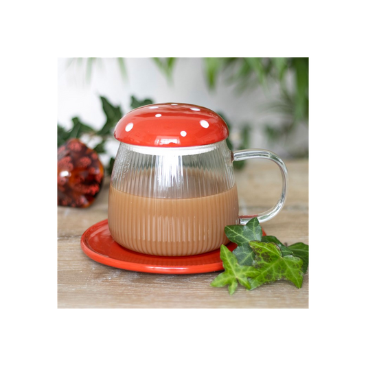 Glass Mushroom Mug and Saucer - Red