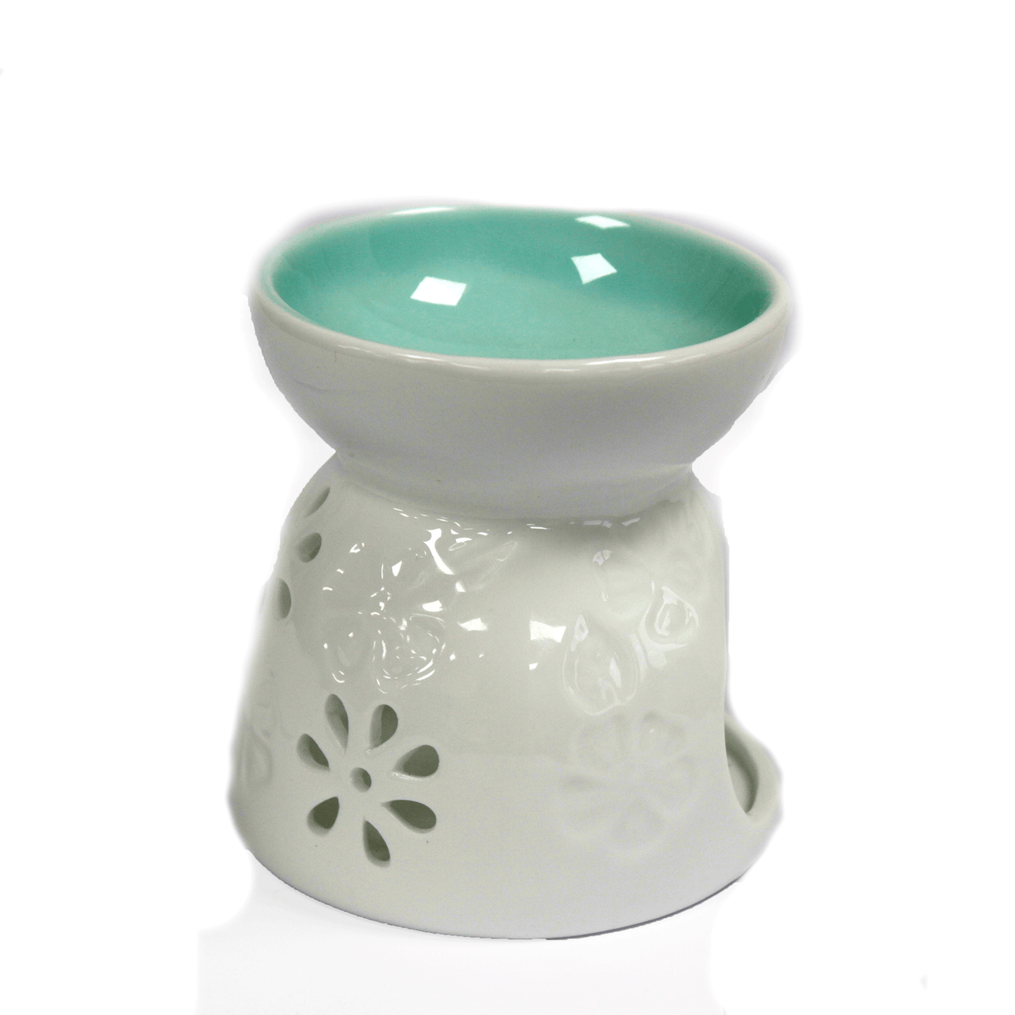 Classic Small White Oil Burner - Floral Design with Teal Interior
