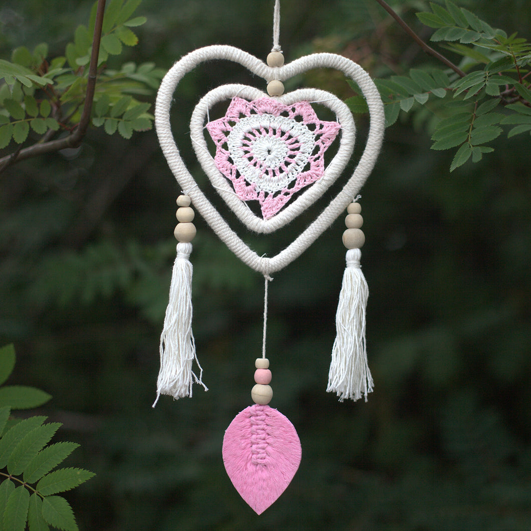 Hand Made Natural Dream Catcher - Pink Heart in Heart (Medium)