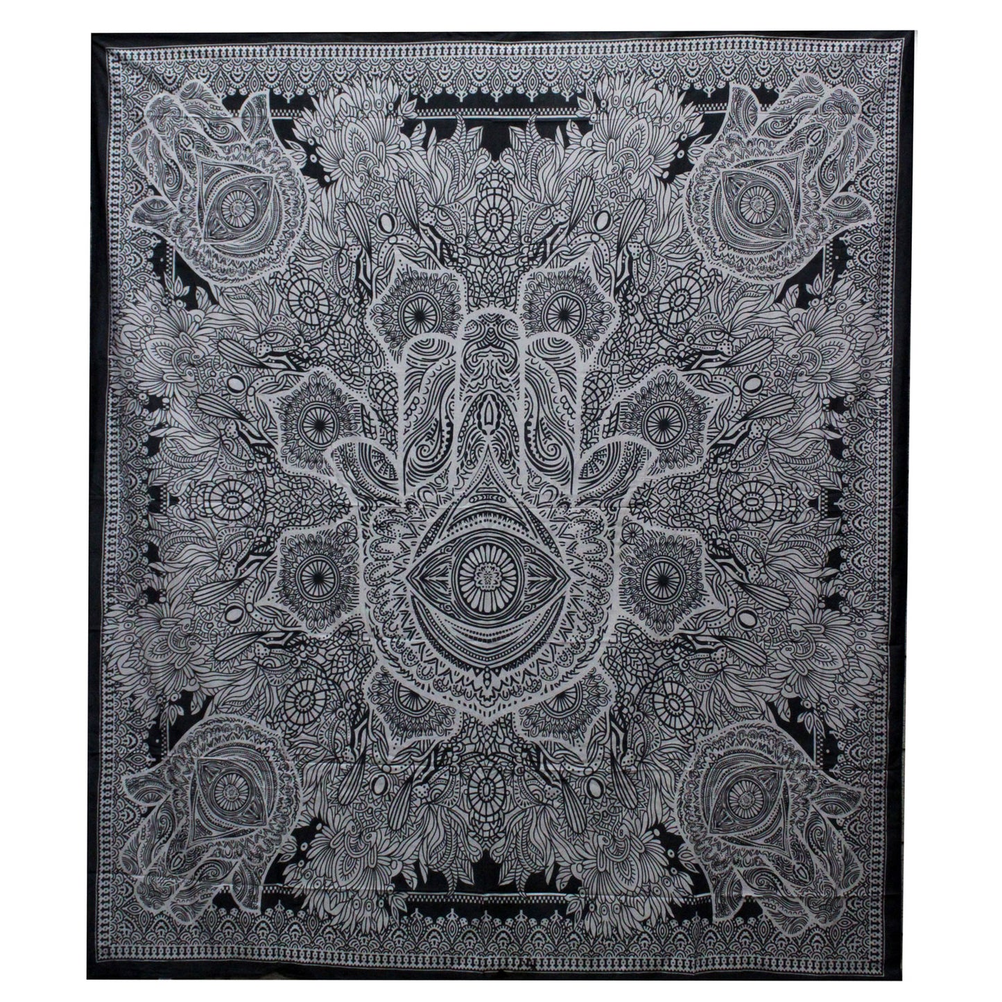 Cotton B&W Bedspread and/or Wall Hanging - Hamsa (Double)