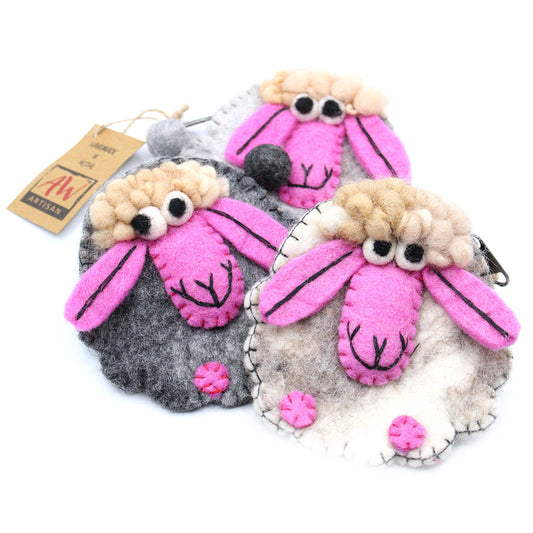 Handmade Natural Felt Zipper Pouch/Purse - Happy Sheep