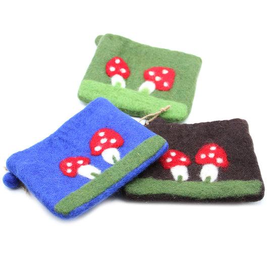 Handmade Natural Felt Zipper Pouch/Purse - Mushrooms