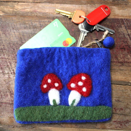 Handmade Natural Felt Zipper Pouch/Purse - Mushrooms