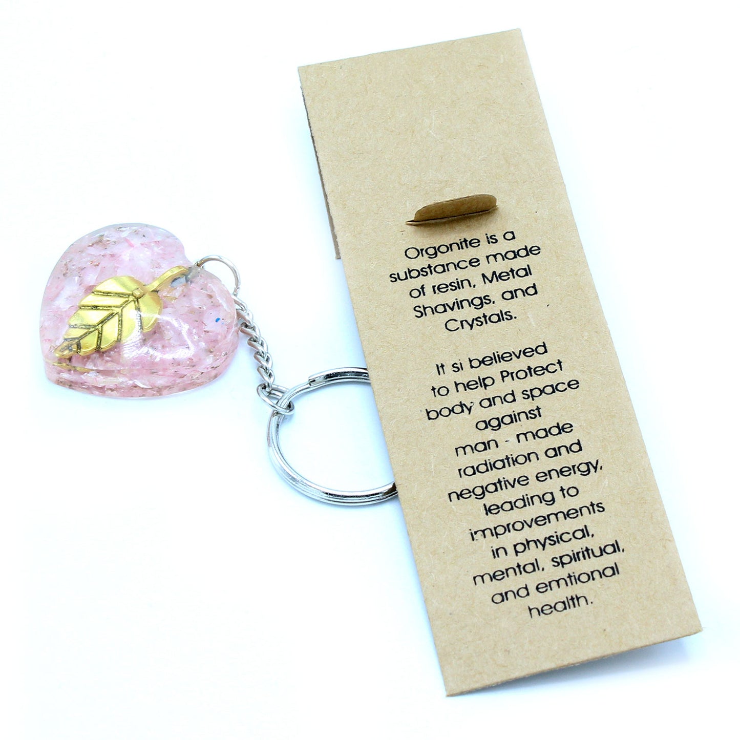 Orgonite Power Keyring - Rose Quartz Hearts Golden Leaf