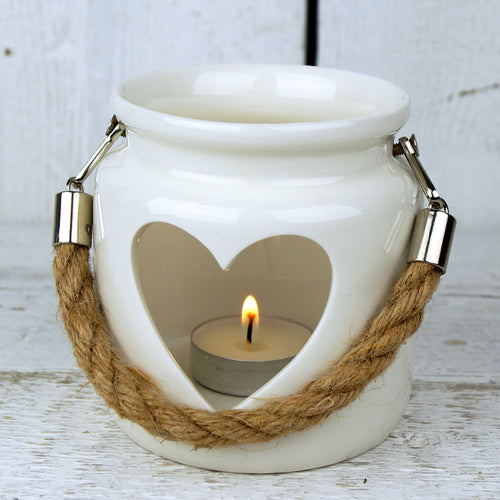 Large White Porcelain Heart Tealight Lantern with Rope