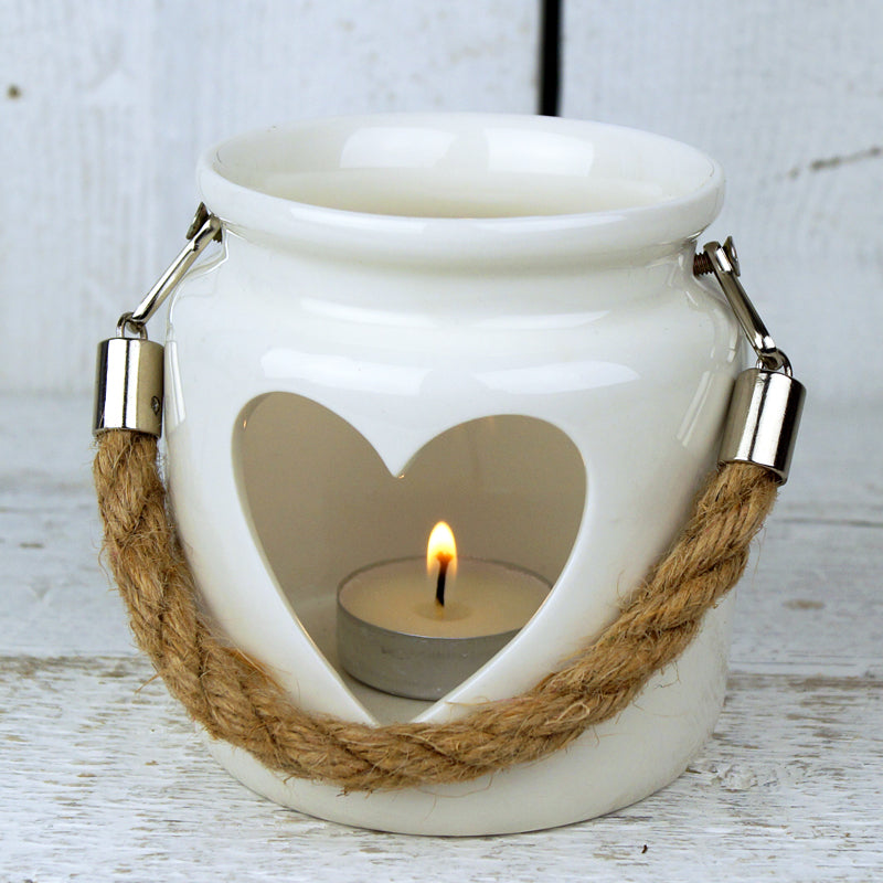 Large White Porcelain Heart Tealight Lantern with Rope
